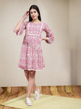Women's Floral Printed Cotton Tiered A-Line Dress-DRSALPHA